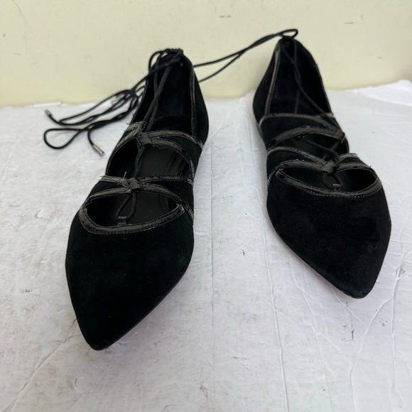 Brian Atwood Sanaa Suede Leather Lace Up Ballet Flats Shoes Pointy Toes Black - Picture 5 of 16